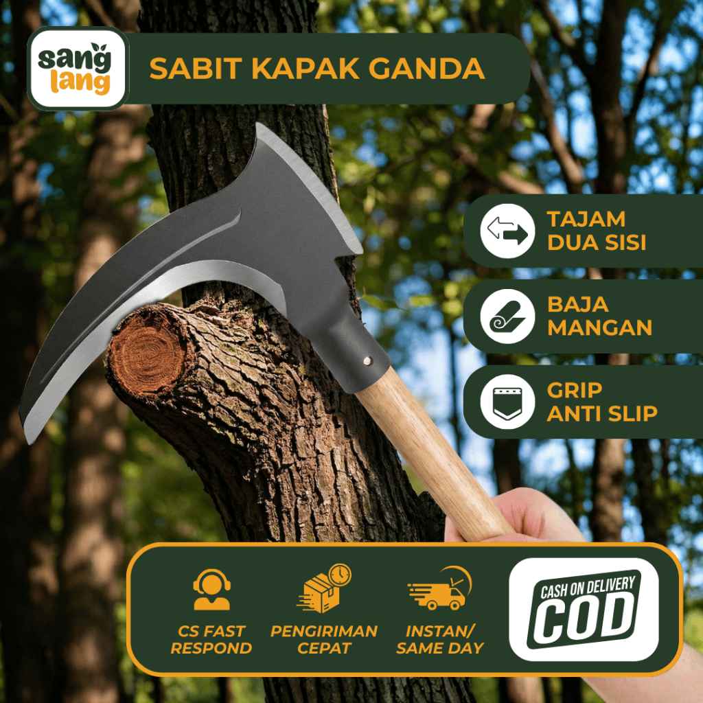 Sabit Arit Kapak Ganda Multifungsi Baja Asli Super Tajam Pegangan 38cm 46cm