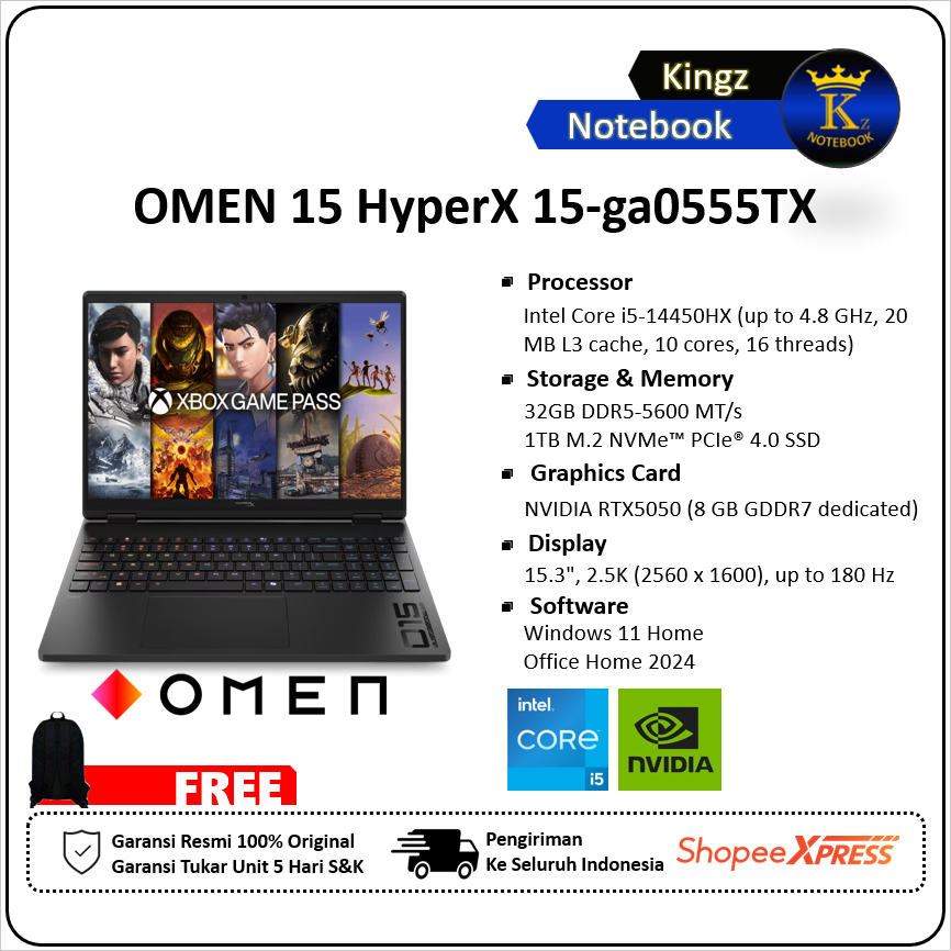 HyperX OMEN 15 RTX5050 Core i5 14450HX 32GB 1TB SSD Win11+Office 2024 15,3" 2,5K 180Hz