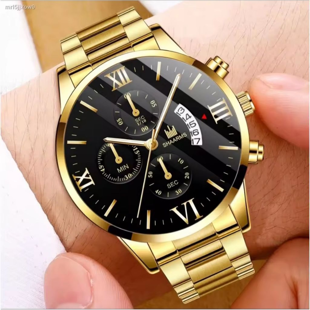 Jam tangan pria / kalender stainless steel tali pasir tipis