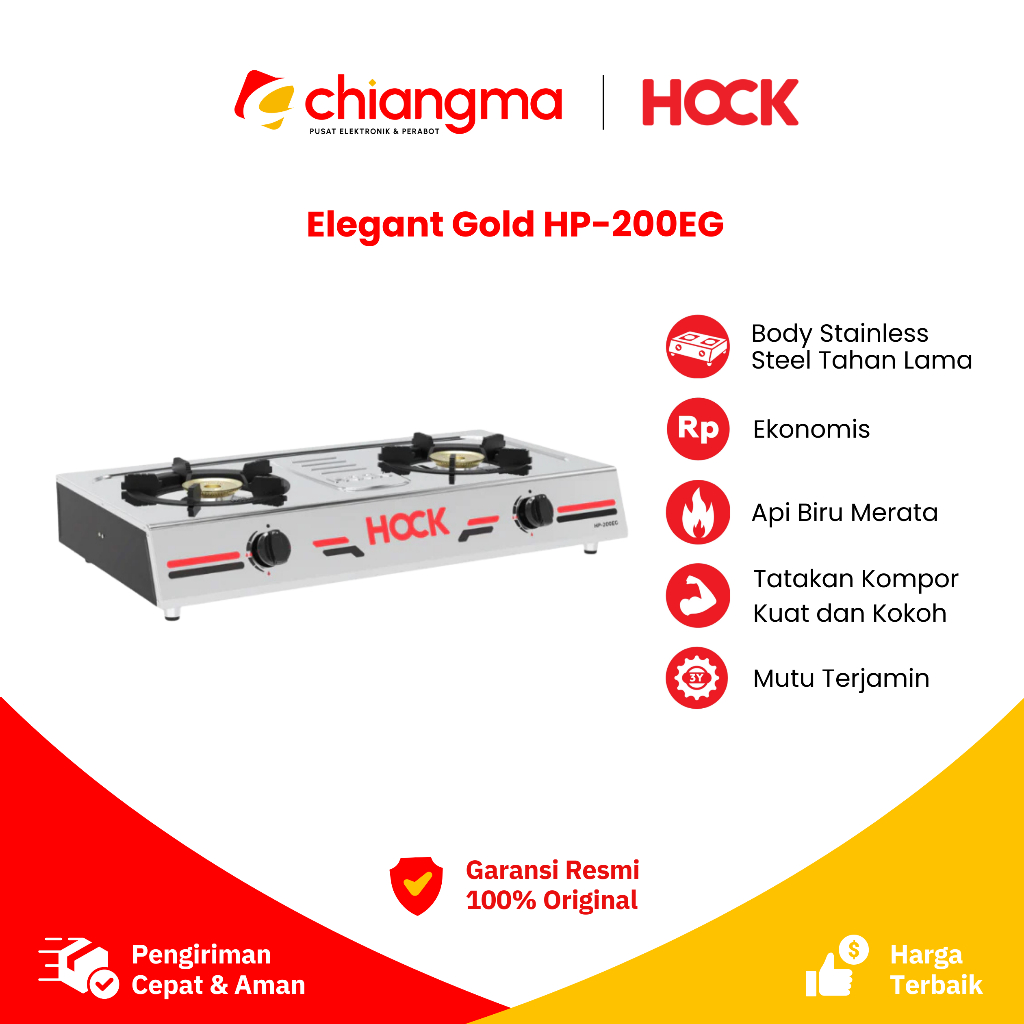 HOCK HP-200EG Kompor Gas 2 Tungku Stainless Steel Elegant Gold – Api Biru Merata, Tatakan Kuat, Hema