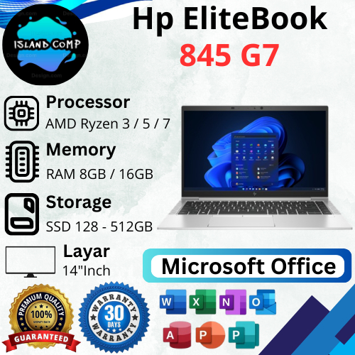 Hp EliteBook 845 G7 AMD Ryzen 5 / 7 Pro RAM 8GB / 16GB SSD 128GB / 256GB / 512GB, Layar 14"inch FHD