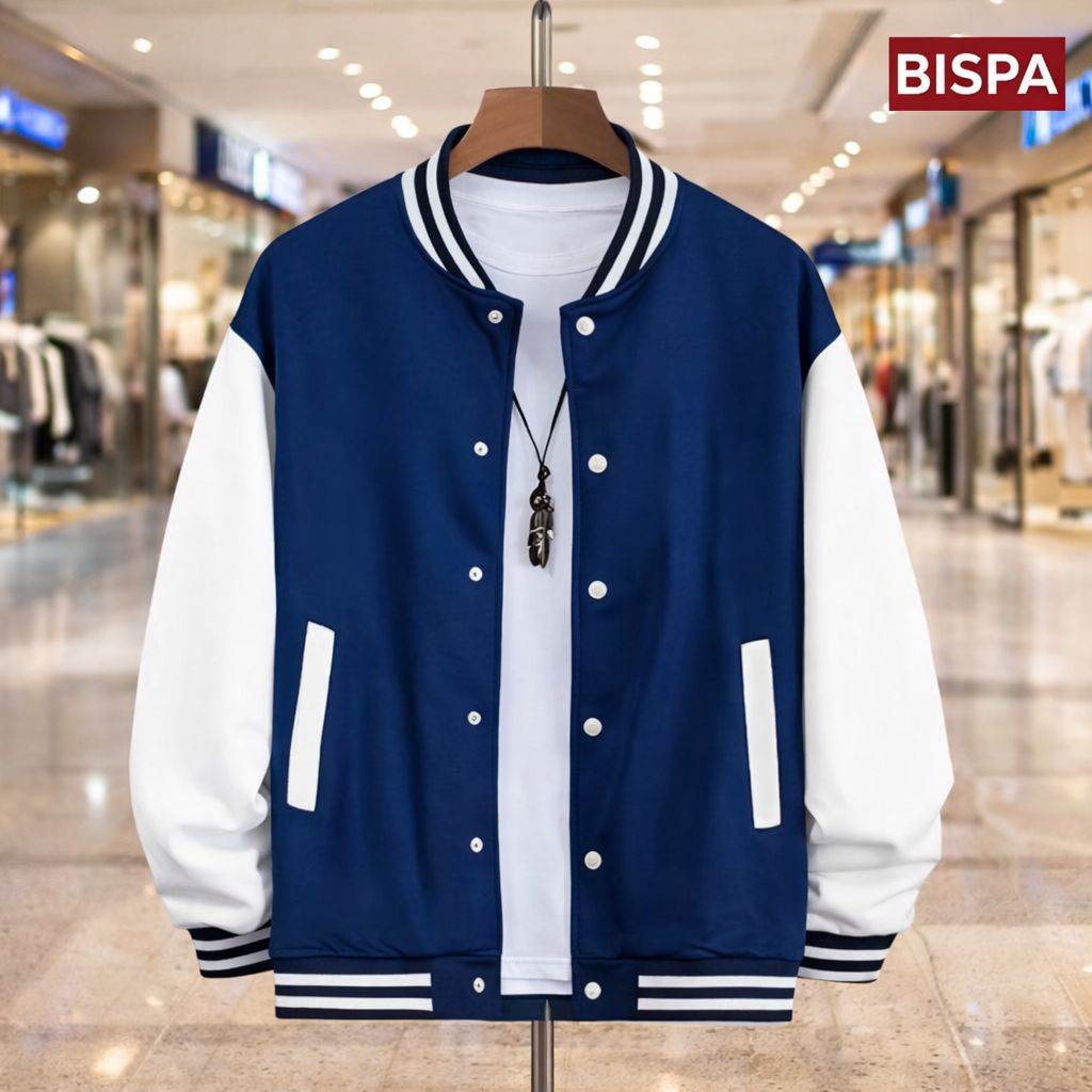 Jacket Varsity Baseball Kancing Polos Hitam Putih Pria Wanita Unisex Kekinian