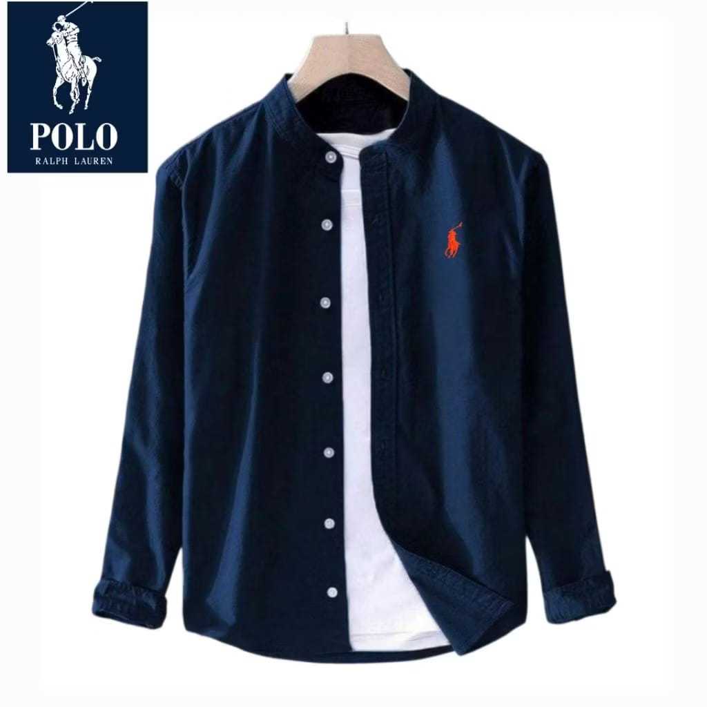Kemeja pria lengan panjang Polo RL kerah Shanghai kemeja koko warna putih