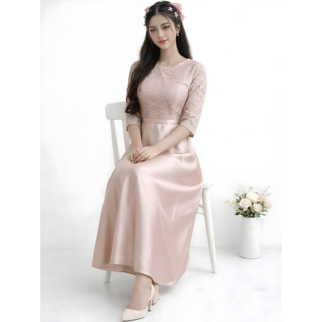 Long Dress Brukat Pesta Anko Size M L XL XXL Dress Panjang Satin Formal Kondangan Outfit Wanita Angg
