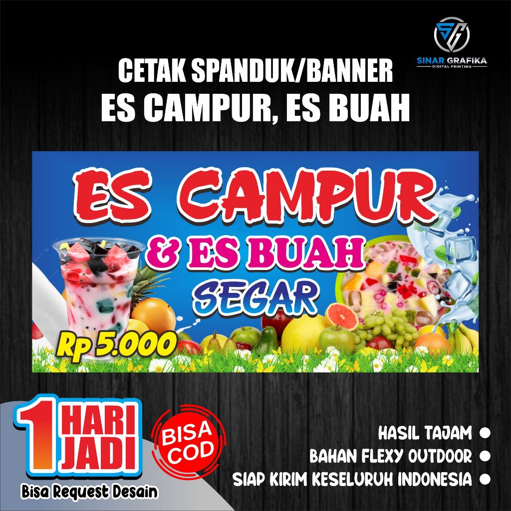 Cetak spanduk ES CAMPUR, SOP BUAH, banner minuman ES CAMPUR, SOP BUAH | Bisa Request Desain
