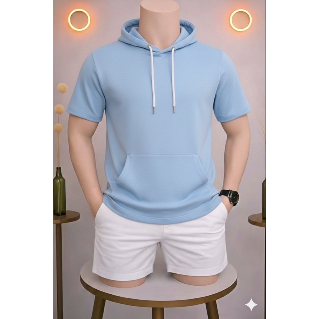 kaos waffle hoodie kupluk lengan pendek kantong besar/atasan kaos pria/baju kaos hoodie kupluk lenga