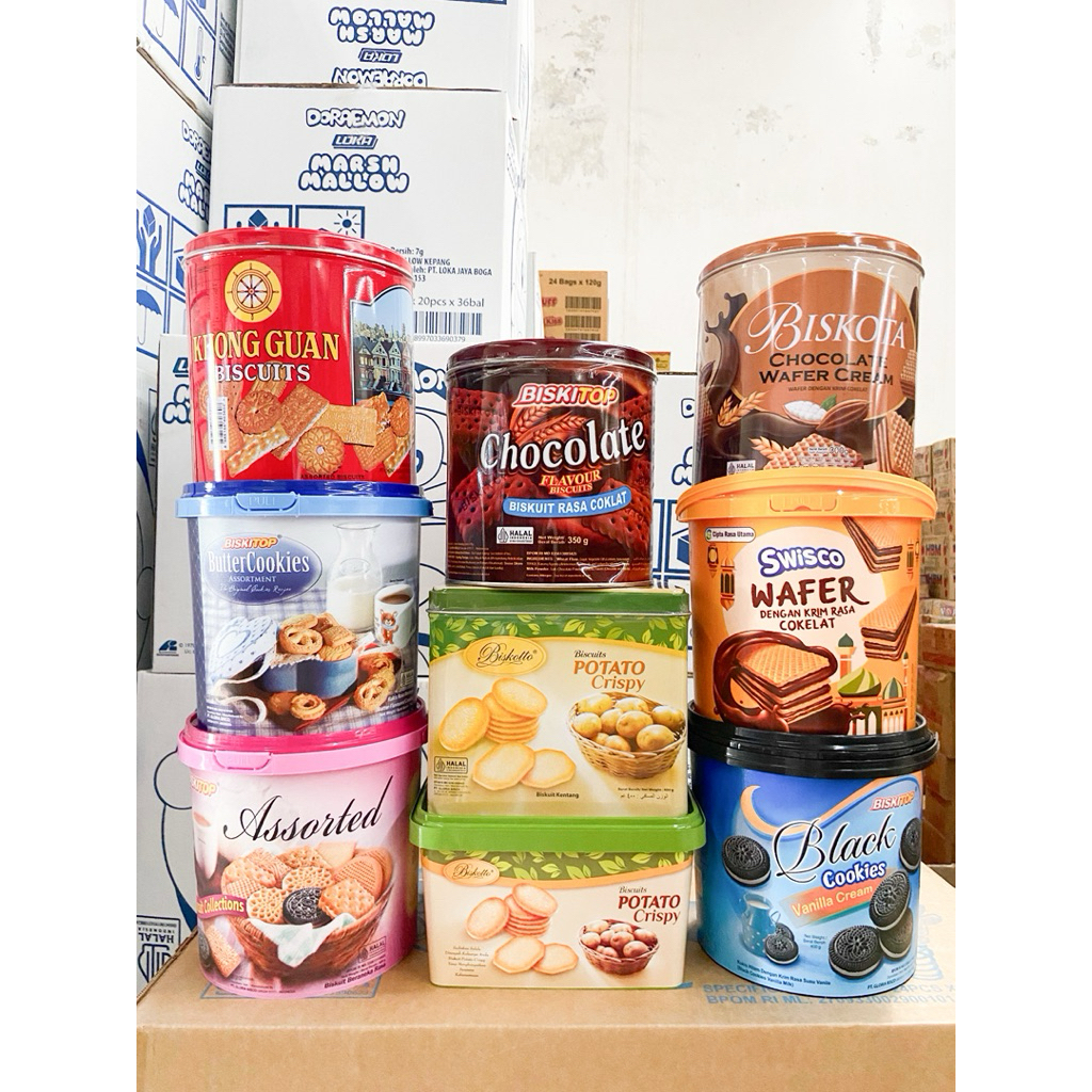 BISKUIT PER DUS ISI 6 KALENG / TOPLES 180 - 400 GRAM BISCUIT RASA COKLAT & POTATO CRISPY & LAIN-LAIN