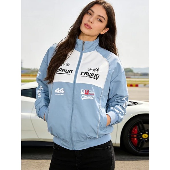 Jaket Waterproof Wanita Long Sleeve Full Printing Racing Motor Casual Coat Unisex