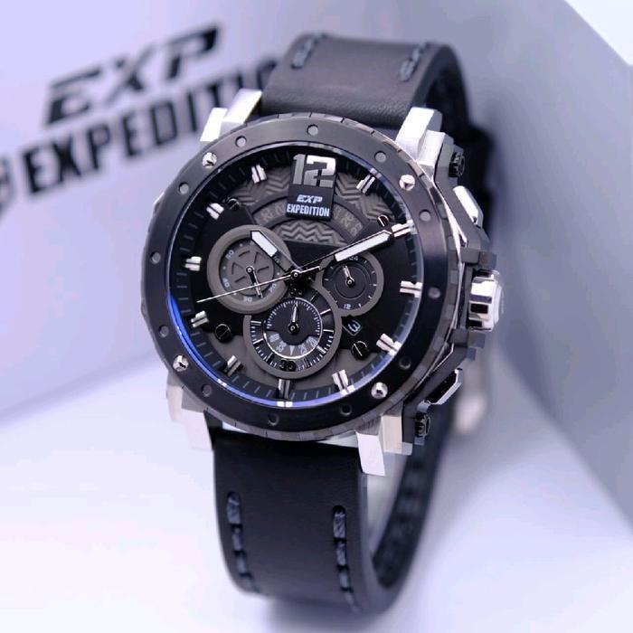 Jam Tangan Pria Expedition Chronograph E 6402 Silver Black Leather Strap