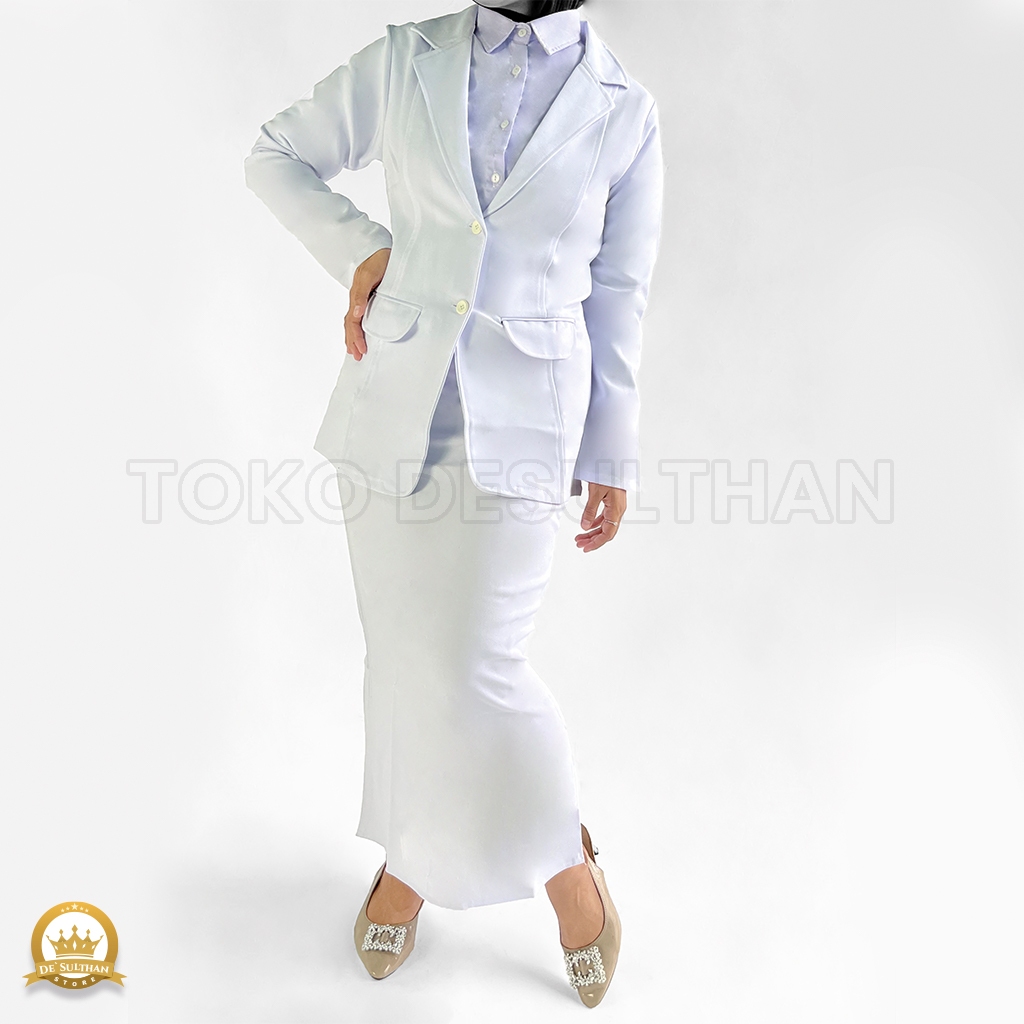 One Set Jas Blazer Sepinggul Rok Span Kipas Rempel Wanita Setelan Blazer Panjang Dan Rok Kipas Kerja