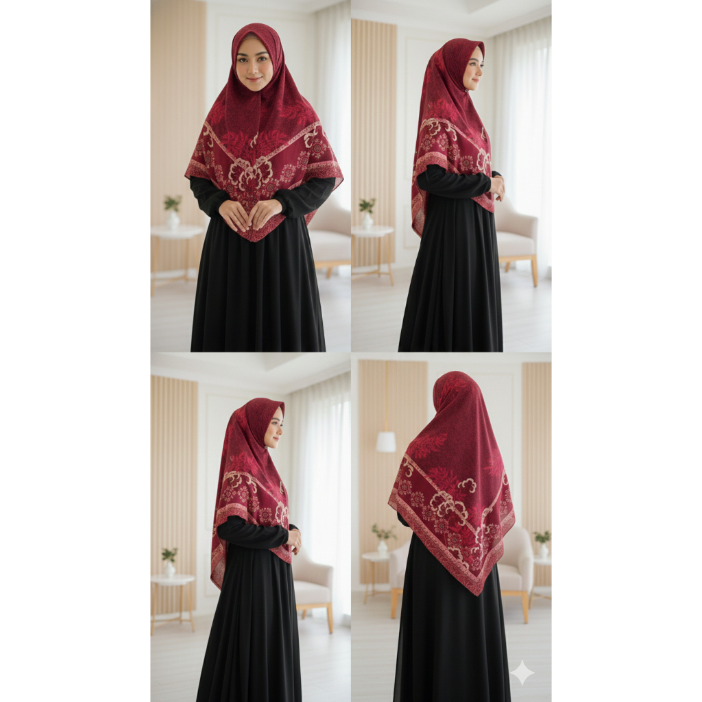 Jilbab Syar’i Segiempat Jumbo 130x130 cm Adem Menutup Dada Motif Merah Bunga