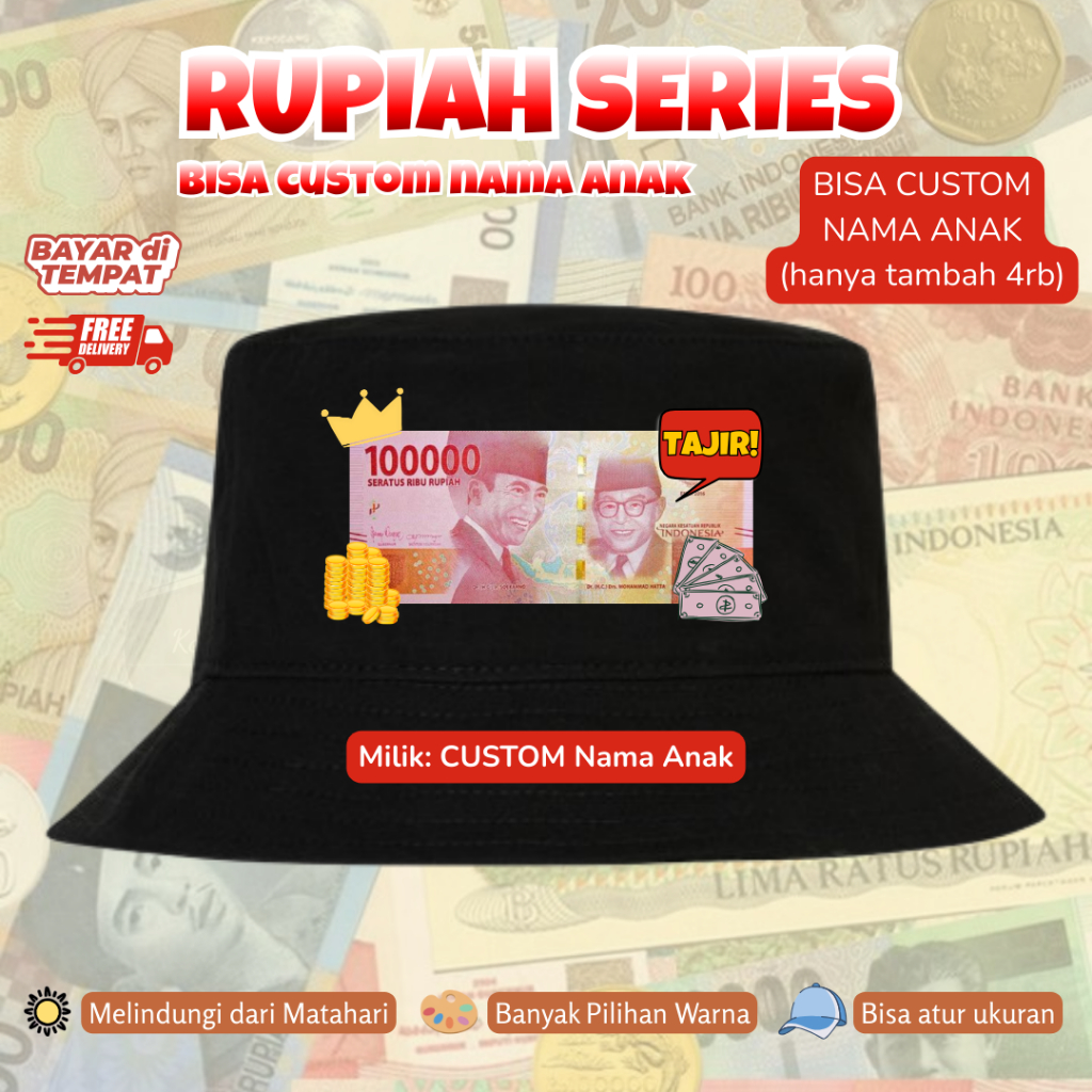 [BISA CUSTOM NAMA] - Topi Buket Anak Pecahan Rupiah 100RB Ember Distro Uang Duit Baju Anak IDR Dolla