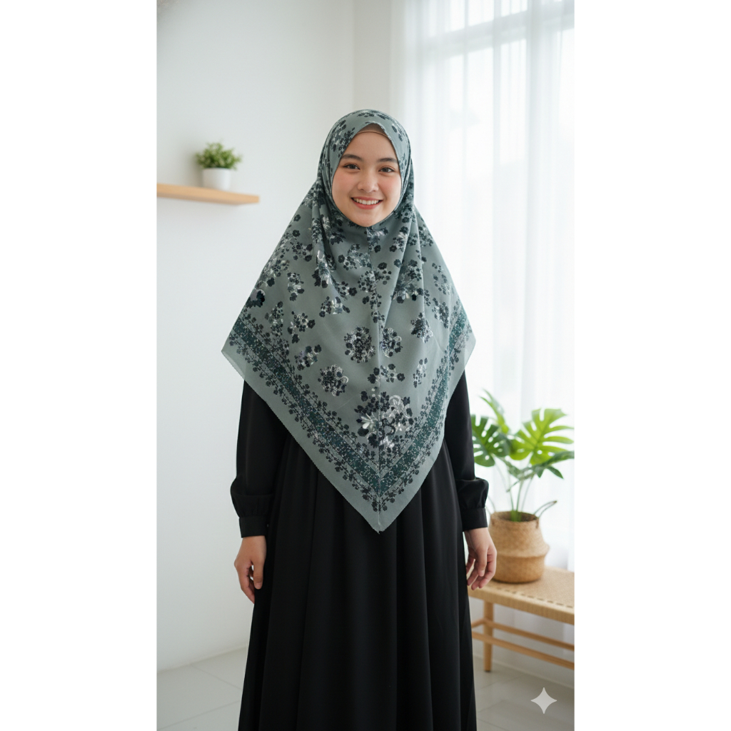 Jilbab Syar’i Segiempat Jumbo 130x130 cm Adem Menutup Dada Motif Hijau Bunga