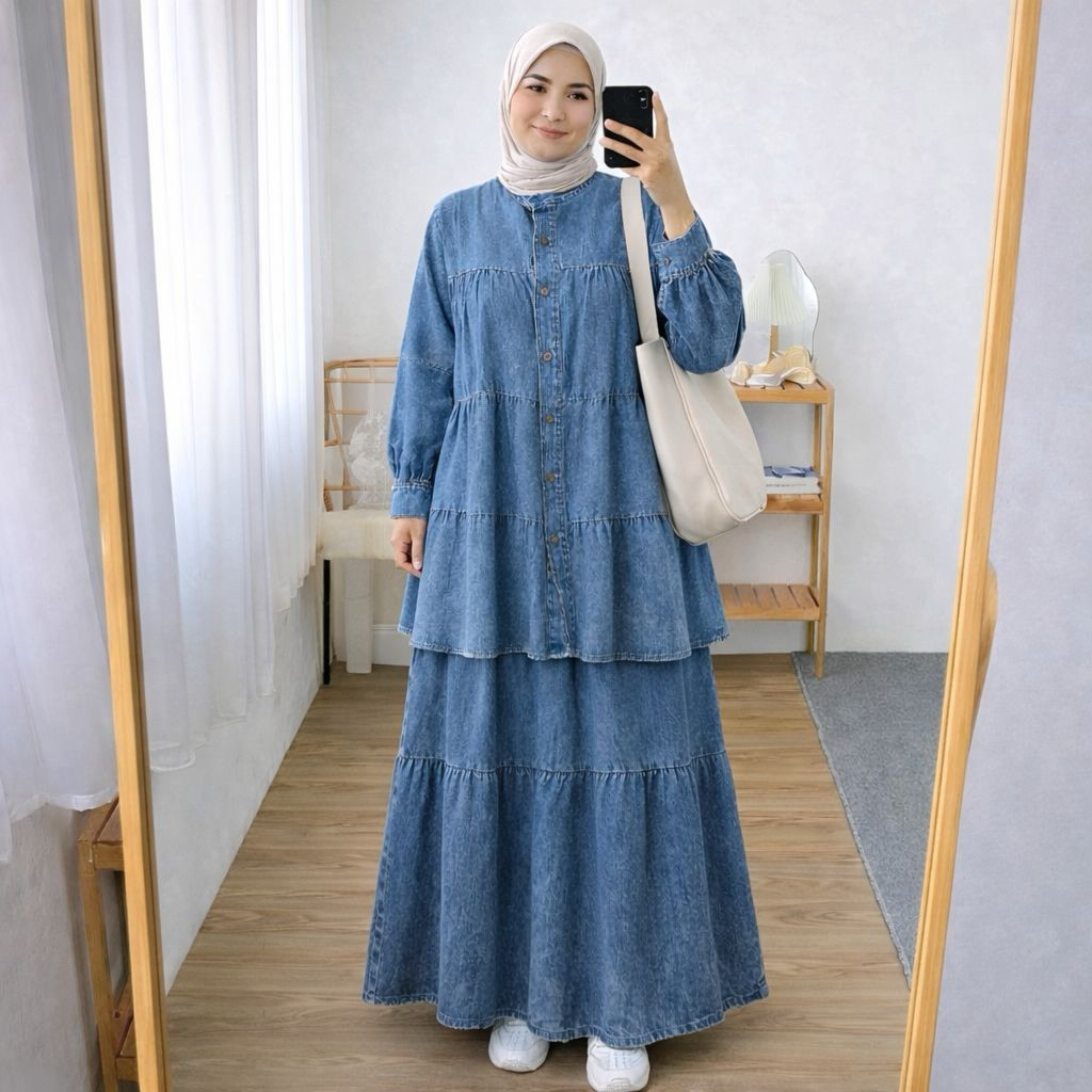 Set Rok Susun Setelan Rok Jeans Wanita Jumbo One Set Setelan Rok Kekinian