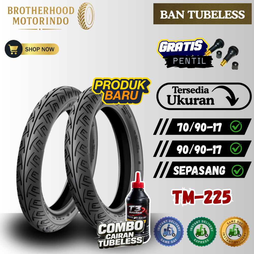 (PAKET SEPASANG) BAN TOMIMOTO TM225 TUBELESS (70/90-17/90/90-17) BAN TUBBLES / BAN TOMIMOTO RING 17 