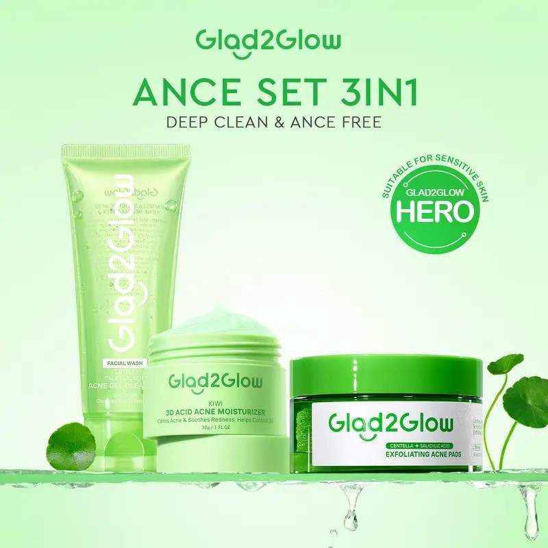 GLAD2GLOW 3in1Paket Anti Jerawat - Cleanser + Moisturizer Kiwi + Acne Pads