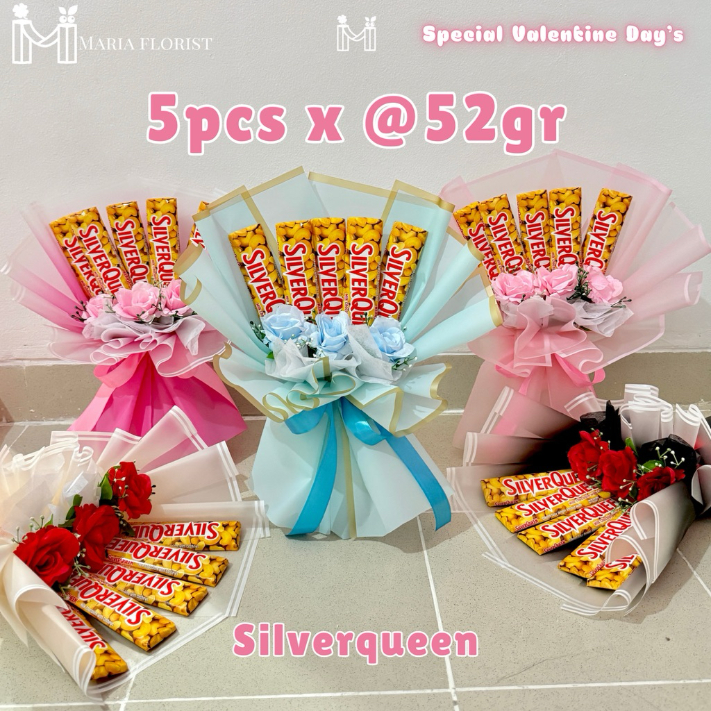 Buket Cokelat 5pcs @52gr Silverqueen Besar - Buket Coklat Valentine Anniversary Wisuda