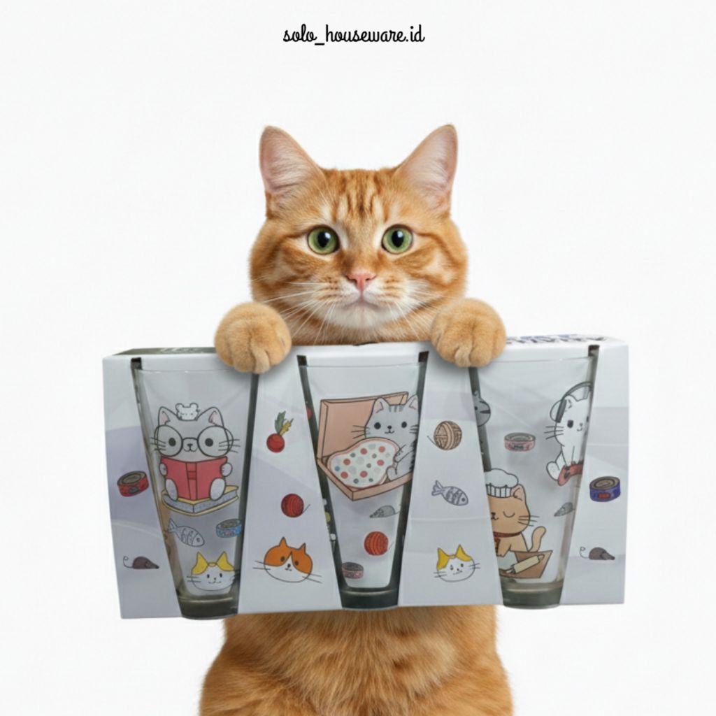 Set Gelas Kaca Motif Kucing dan Sapi Lucu Dekoratif - Set Gelas Kaca B Home 3pcs - Set Gelas Kaca So