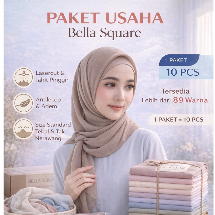 PAKET USAHA Bella Square 10pcs, PAKET GROSIR Hijab Segi Empat Bella Premium, Reseller, Adem Tipis Ny