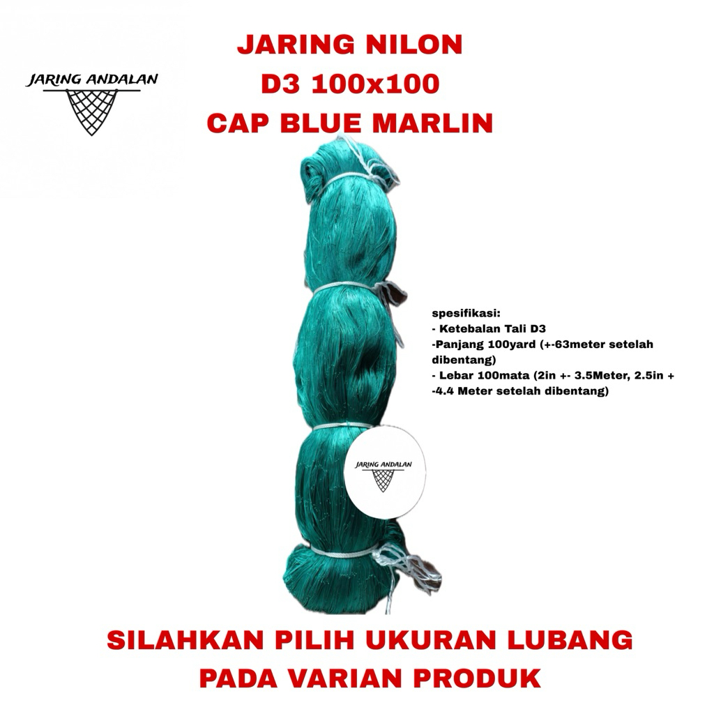 JARING IKAN PUKAT NILON BENANG D3 100MD x100Y CAP BLUE MARLIN BAGUS TERMURAH BERKUALITAS COD(UKURAN 