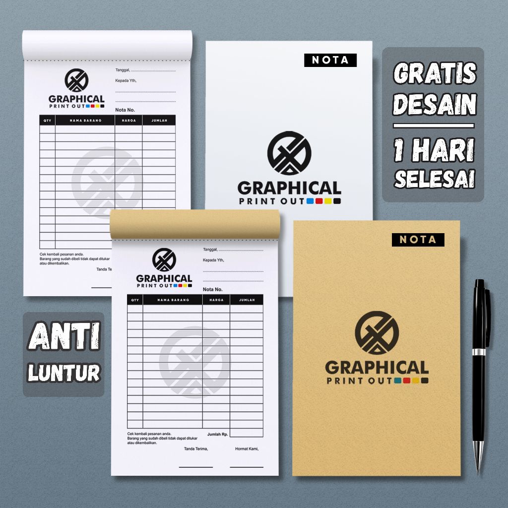 Cetak Satuan Nota/Bon/Kwitansi Custom 1Ply 2Ply 1Rangkap 2Rangkap Ukuran 1/4 folio
