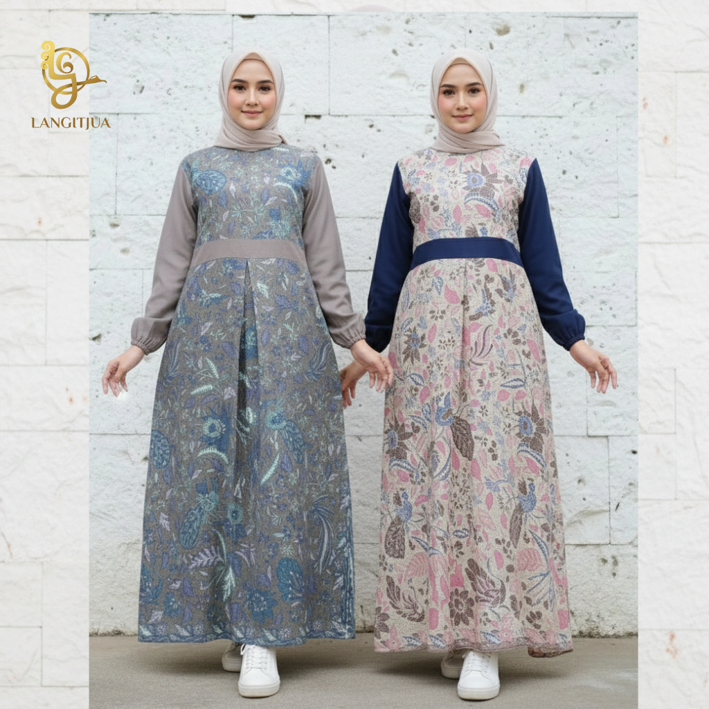 LANGITJUA - Maxi Dress Gamis Nadheera Luxury Bunga-Bunga Abu Soft Pink Size M L XL XXL XXXL