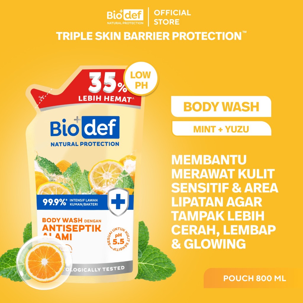 Biodef Natural Protection Mint + Yuzu Body Wash Antiseptik Alami Pouch 800 ml | Sabun Mandi Cair Ant
