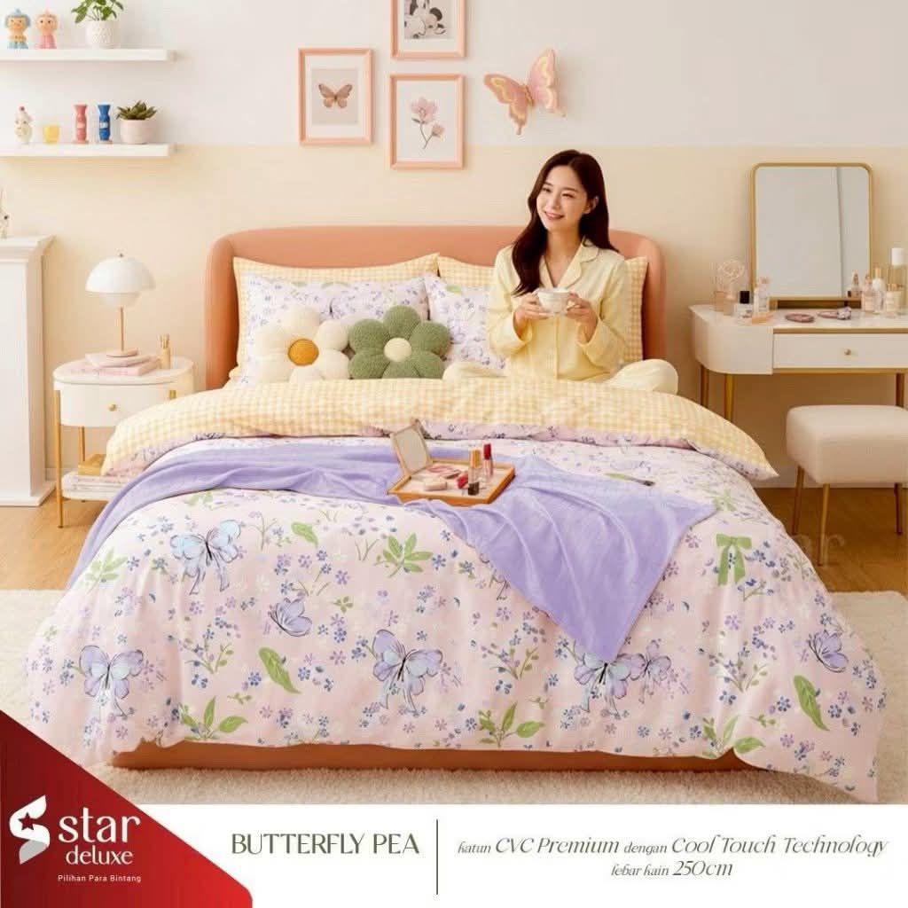 Bahan Sprei Katun CVC Motif Butterfly Merk Star, Esra, Bintang Kecil Lebar 2.5m