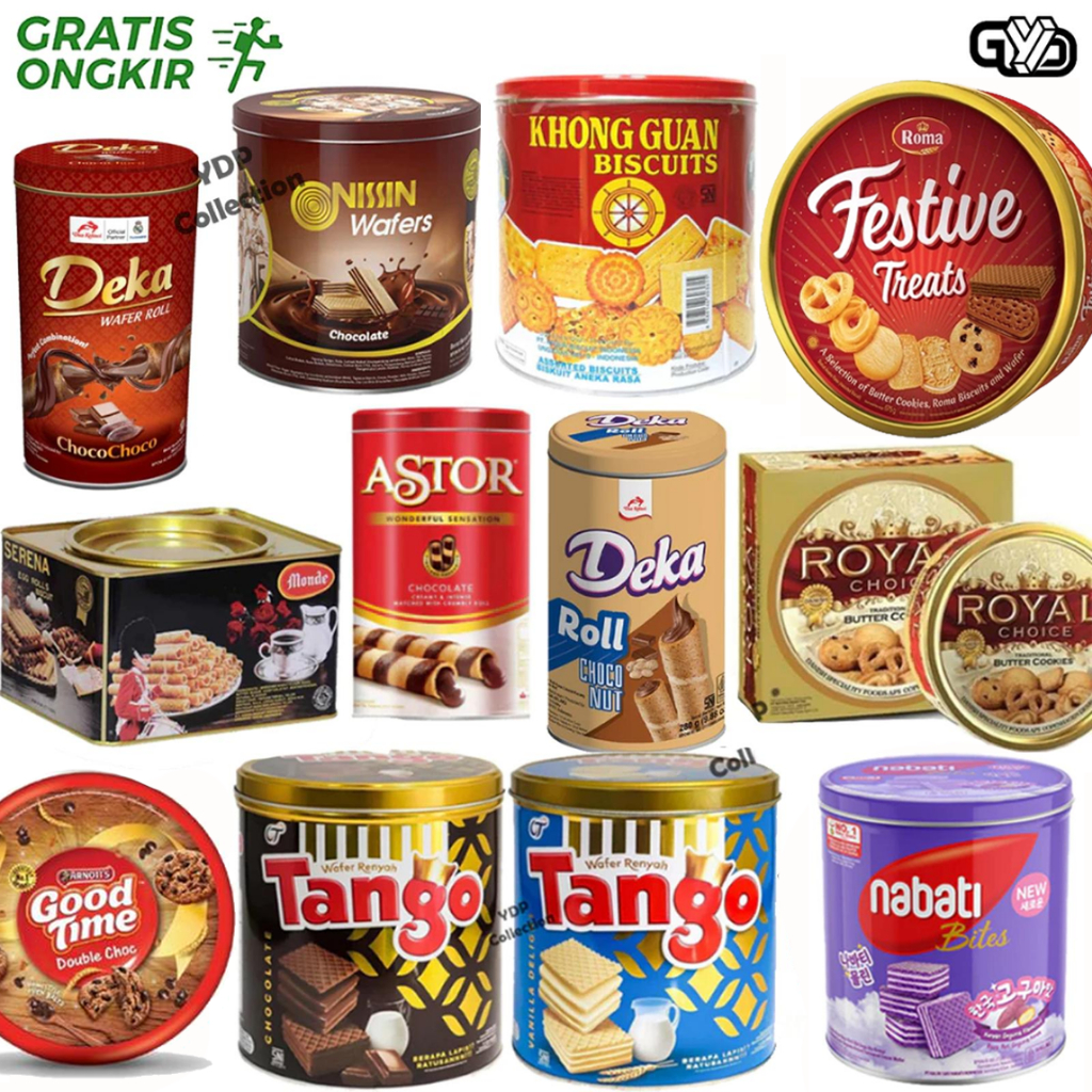 Wafer Tango Kaleng Vanilla Delight 270 gr dan Royal Chocolate 270gr / Roma Festive 675 Gr / Monde Eg