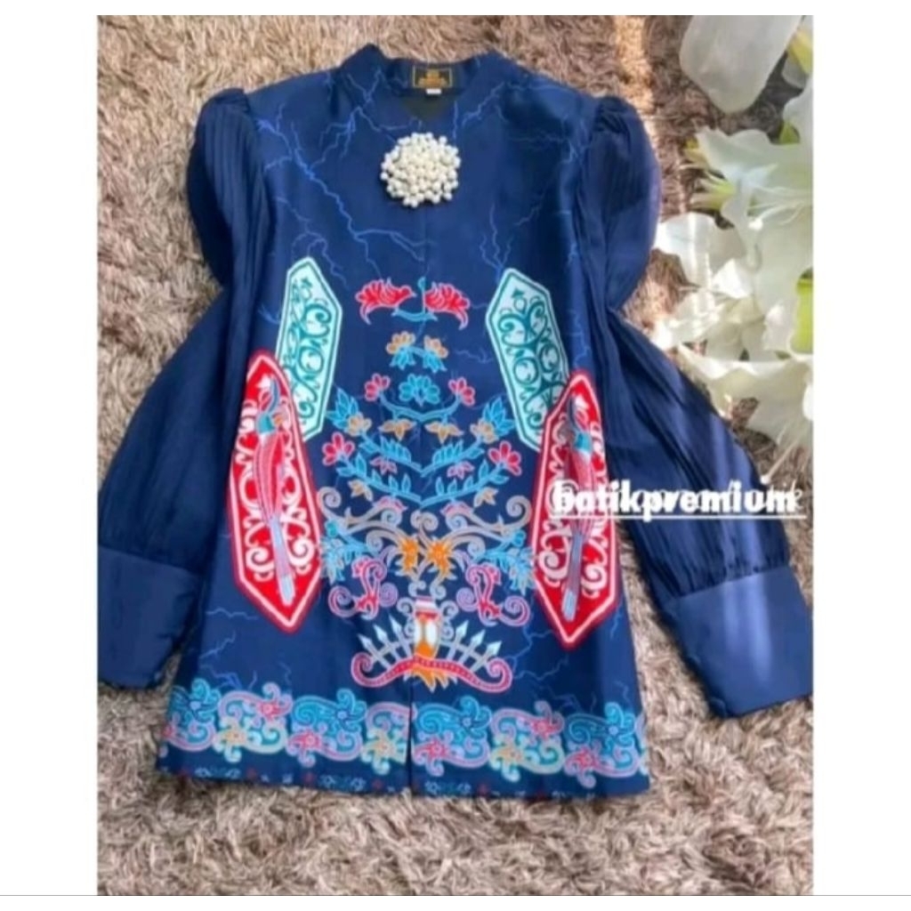 blus batik premium motif kalimantan mix plisket navy