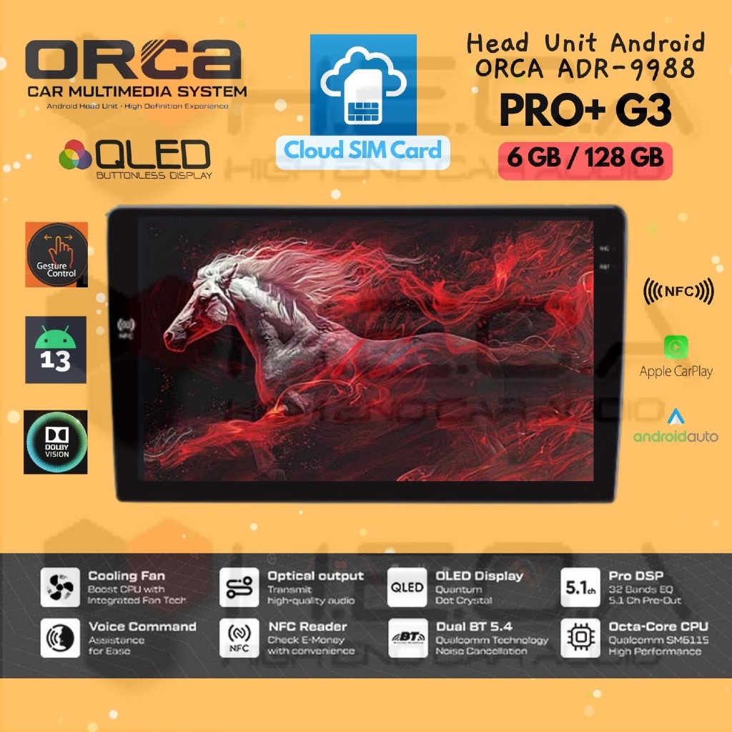 ORCA PRO+ G3 Android 9" 6/128 GB SIM Card NFC Head Unit Tape Mobil 9 inch GEN3 QLED