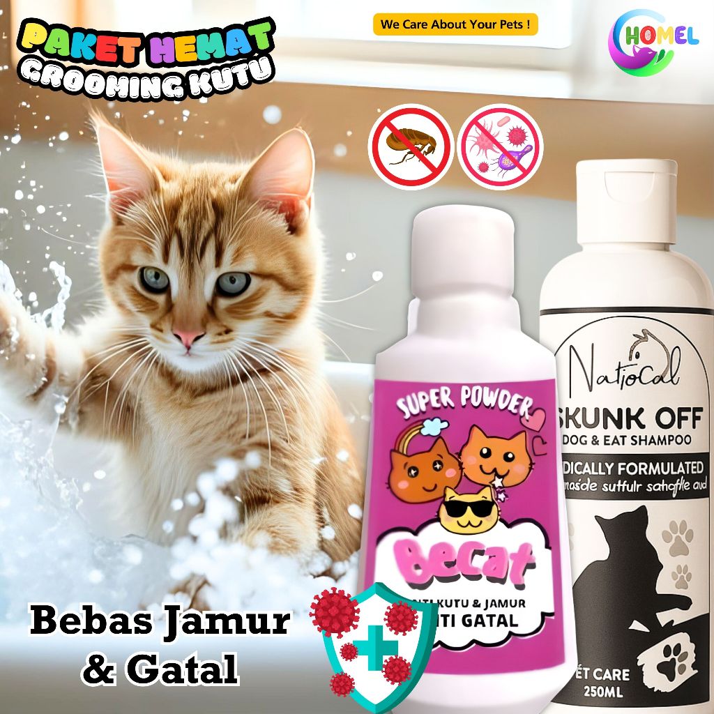 Paket Kutu Kucing Hemat Bedak + Shampo Miconazole Skunk Off Becat Ampuh Grooming CHOMEL