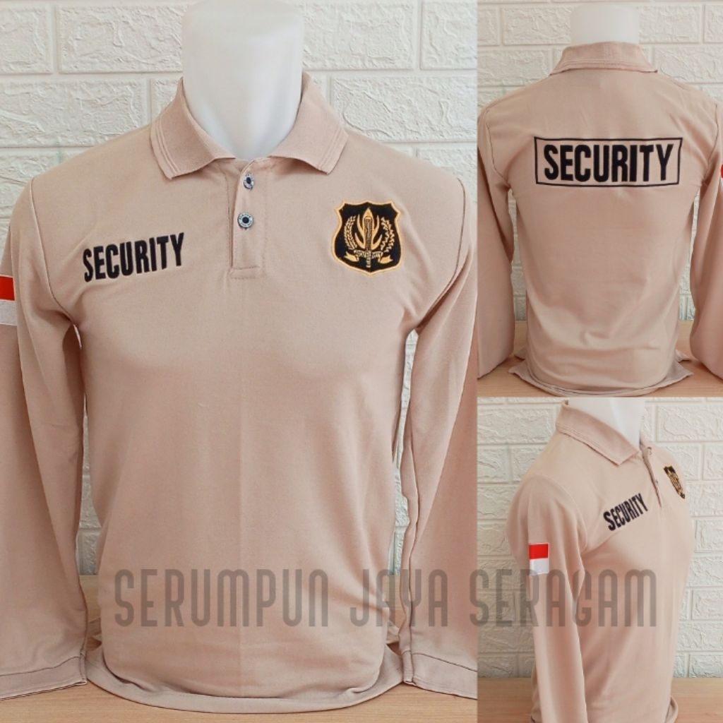 KAOS SECURITY KREM LENGAN PANJANG LOGO KUNING FULL BORDIR - KAOS KERAH SECURITY KREM PANJANG BORDIR 