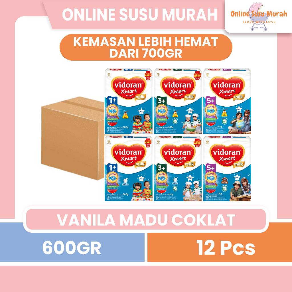 VIDORAN PAKET 1 KARTON XMART MILK 1+ 3+ 5+ 600GR 575GR VANILA MADU COKELAT TAHAP 1 3 5 600 575 SSKD