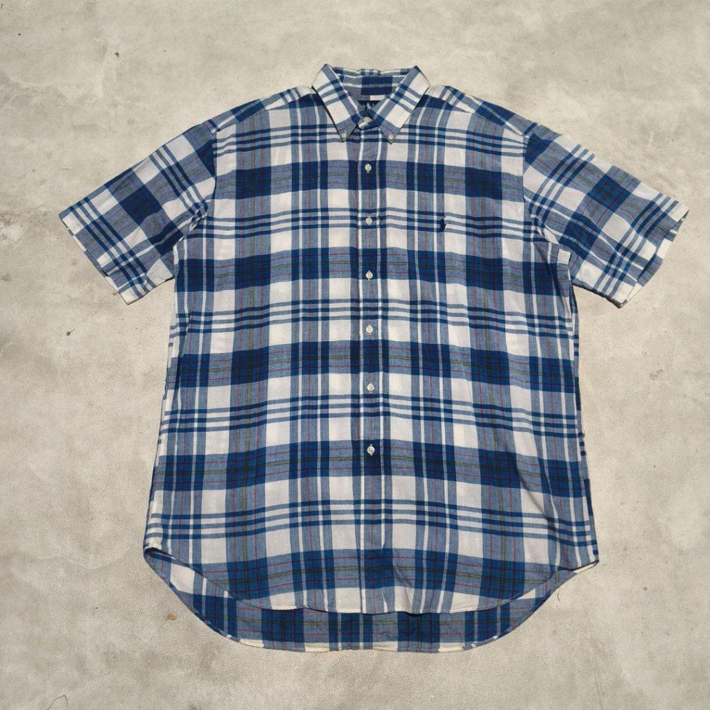 kemeja kotak kotak pria polo rl putih biru