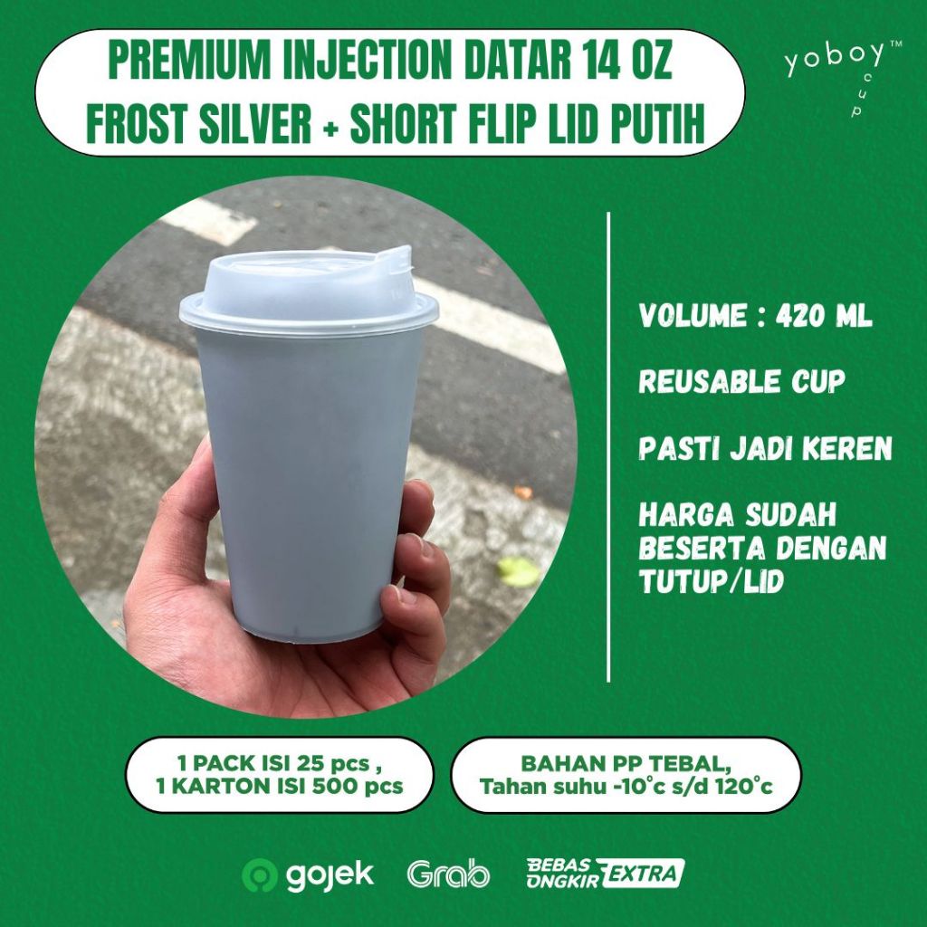 INJECTION PREMIUM CUP 14OZ SILVER FROSTED + LID INJECTION (ISI PERPACK 50PCS)