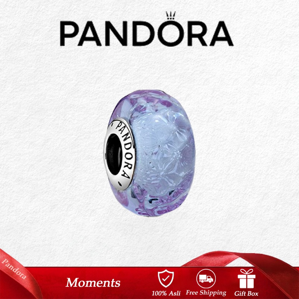 Pandora Charm Lavender - Gelombang Perak 925 dengan Glass Murano Ungu, untuk Kalung/Gelang DIY