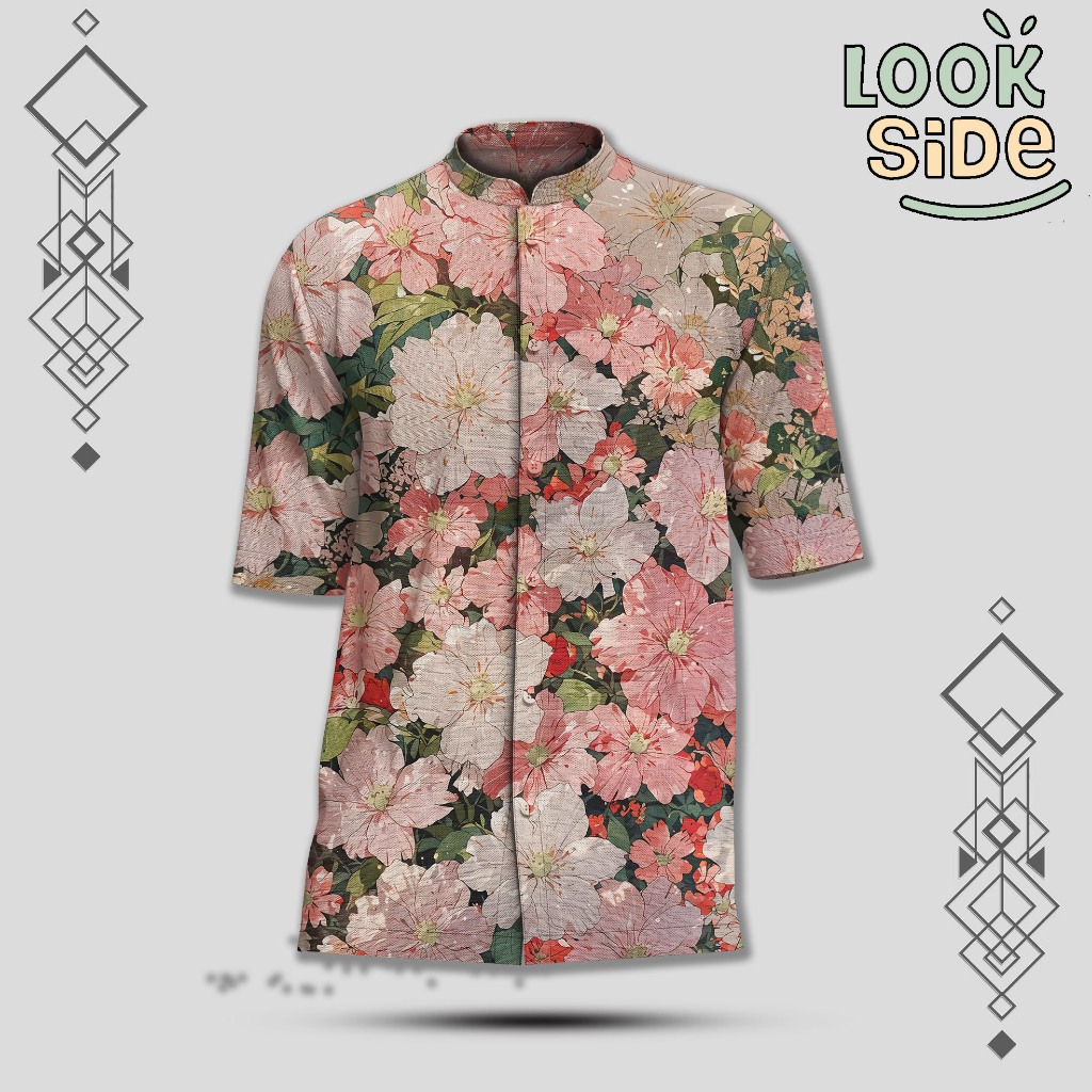 LOOKSIDE Kemeja Lengan Pendek Koko Batik Bunga Sakura Pink Garden Fullprint Adem | KOLOK17