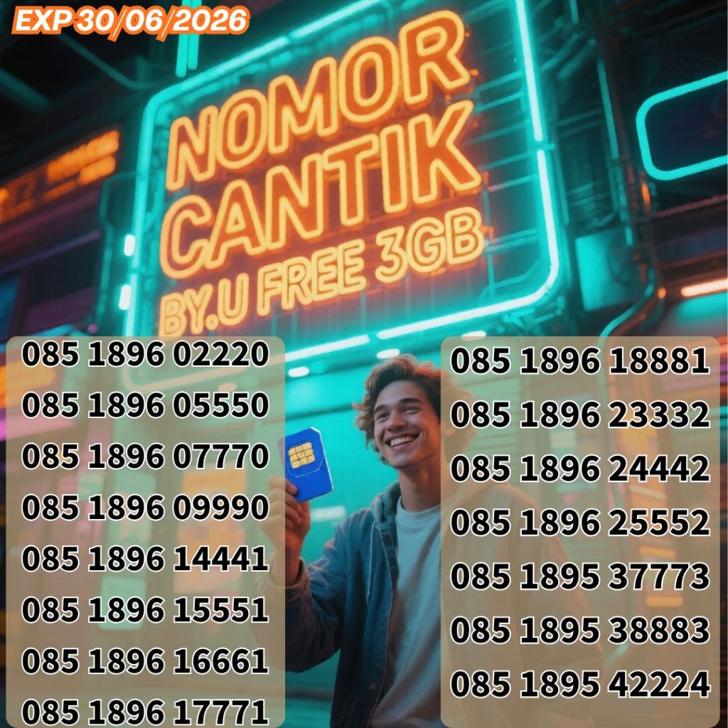 Nomor Cantik BY.U Seri EKOR SPECIAL 085 1896 XXXXX Bonus 3GB Harga mulai 75ribu