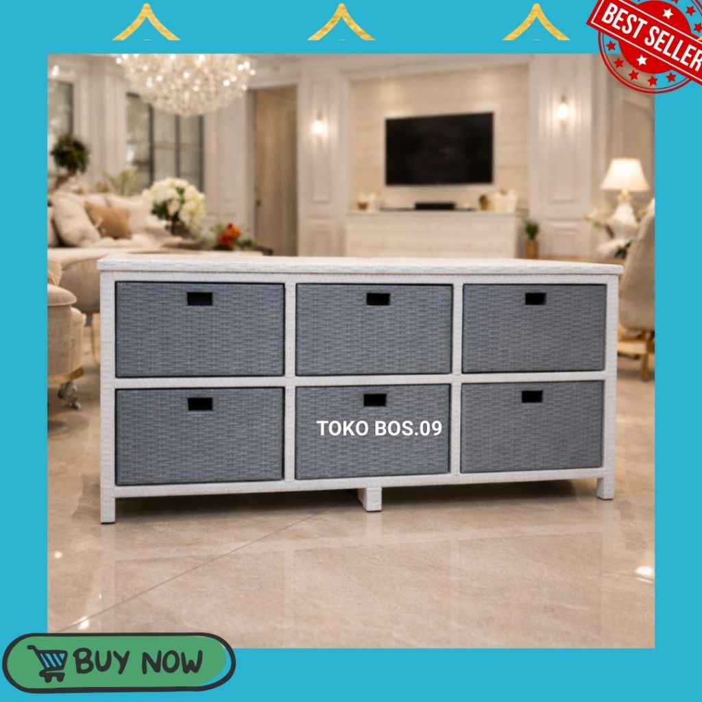 (Ready Stok) Lemari Rotan Sintetis laci 6 Samping Rak Buku Susun Lemari Plastik Meja Rotan