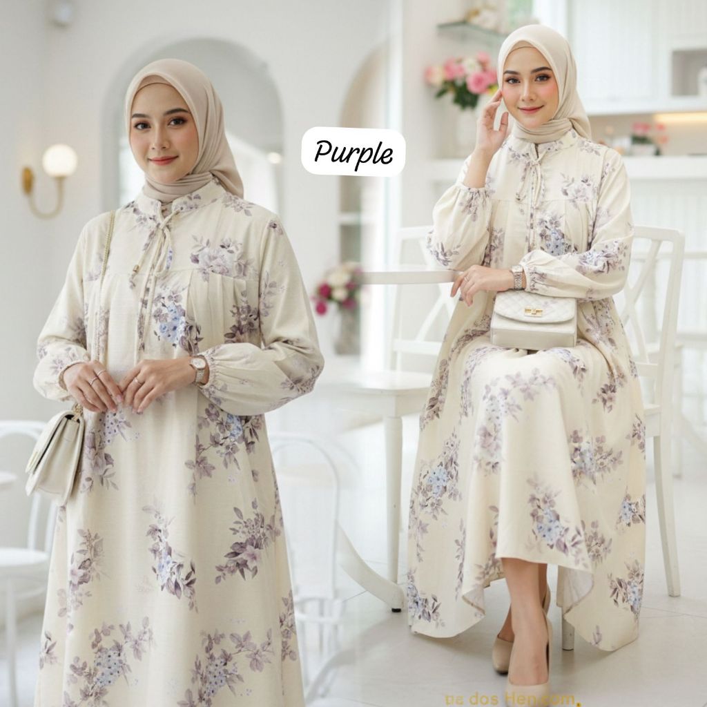 Kiukiu Gamis Wanita Bahan Katun Dobby Print - Dress Wanita Motif Bunga - Gamis Katun Bunga Putih - D