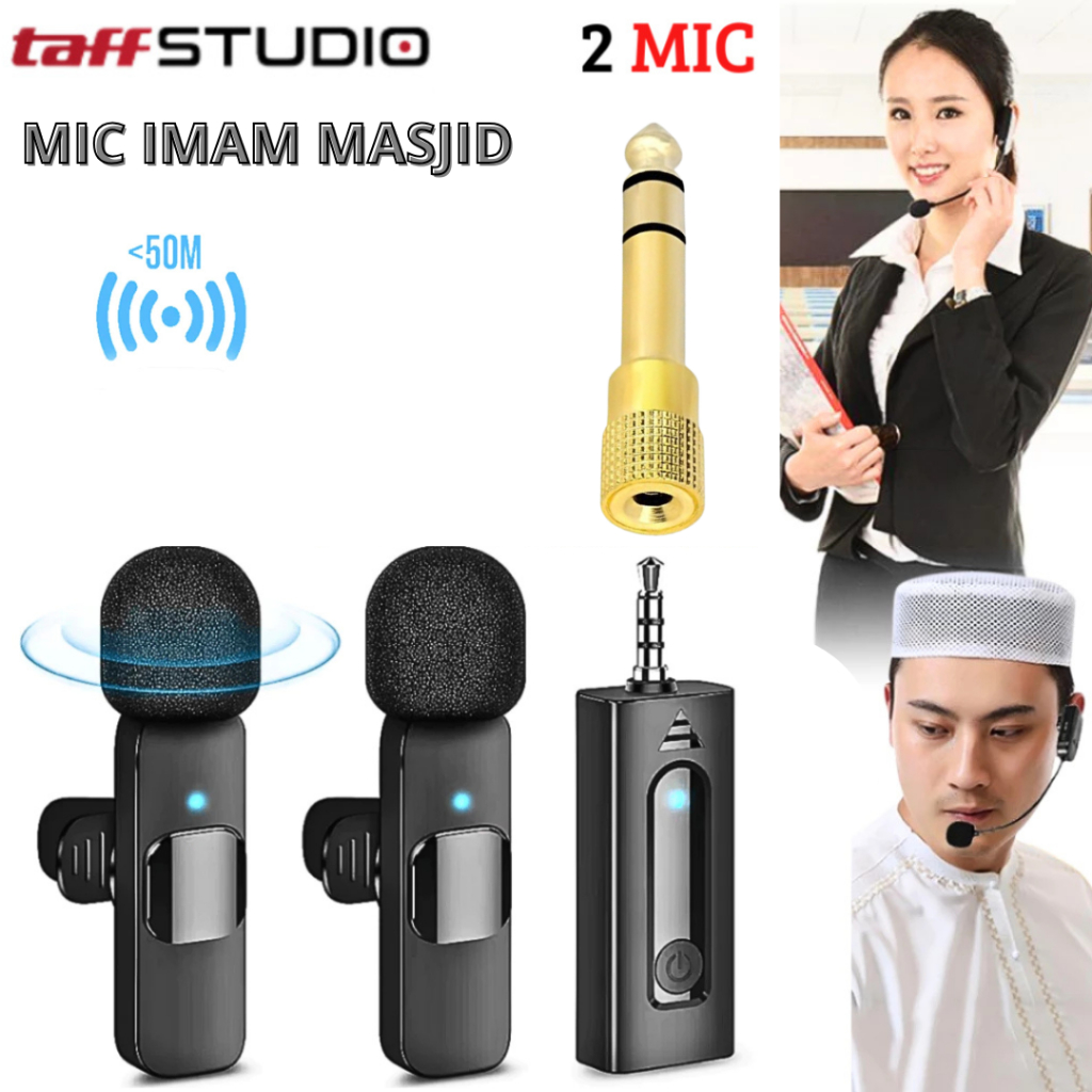 COD TaffSTUDIO Microphone Clip On 2 Mic Wireless Imam Masjid Suara Jernih Mik + Adaptor Jack 6.5mm