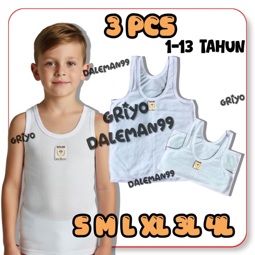 GROSIR 3PCS Kaos Dalam Putih Anak Cowok Cewek Usia 3-11 Tahun TK SD SMP Remaja