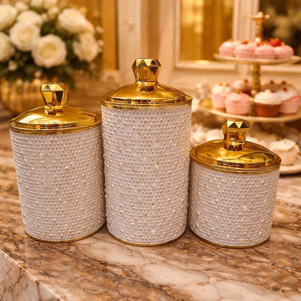 Toples Sultan Mewah Gold Cantik Elegan Set isi 3 Toples Kue Kering Snack Lebaran