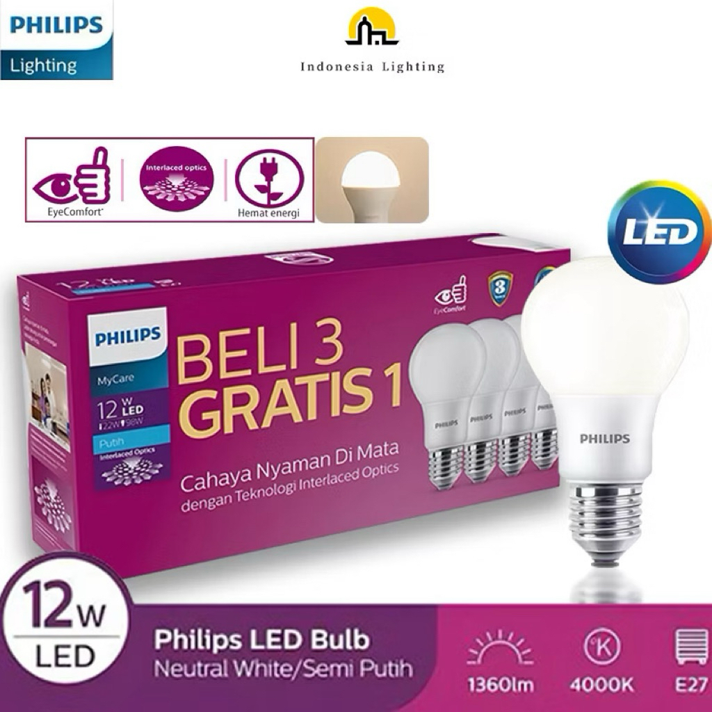 PROMO BELI 3 GRATIS 1 Virall Lampu LED Philips Lampu 12 Watt Multipack Radiantline LEDBright 12W 650