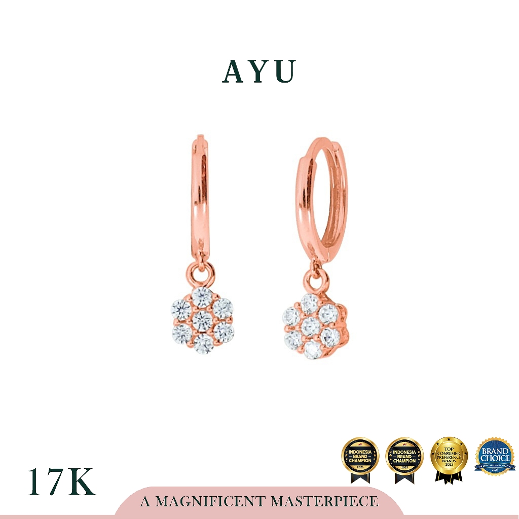 AYU Anting Emas - Gold Doughnut With Pave Flower Earrings 17K Rose Gold