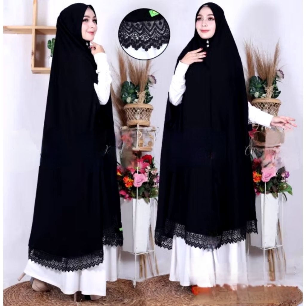 Khimar Jilbab Jumbo Jetblack Belah Samping Renda