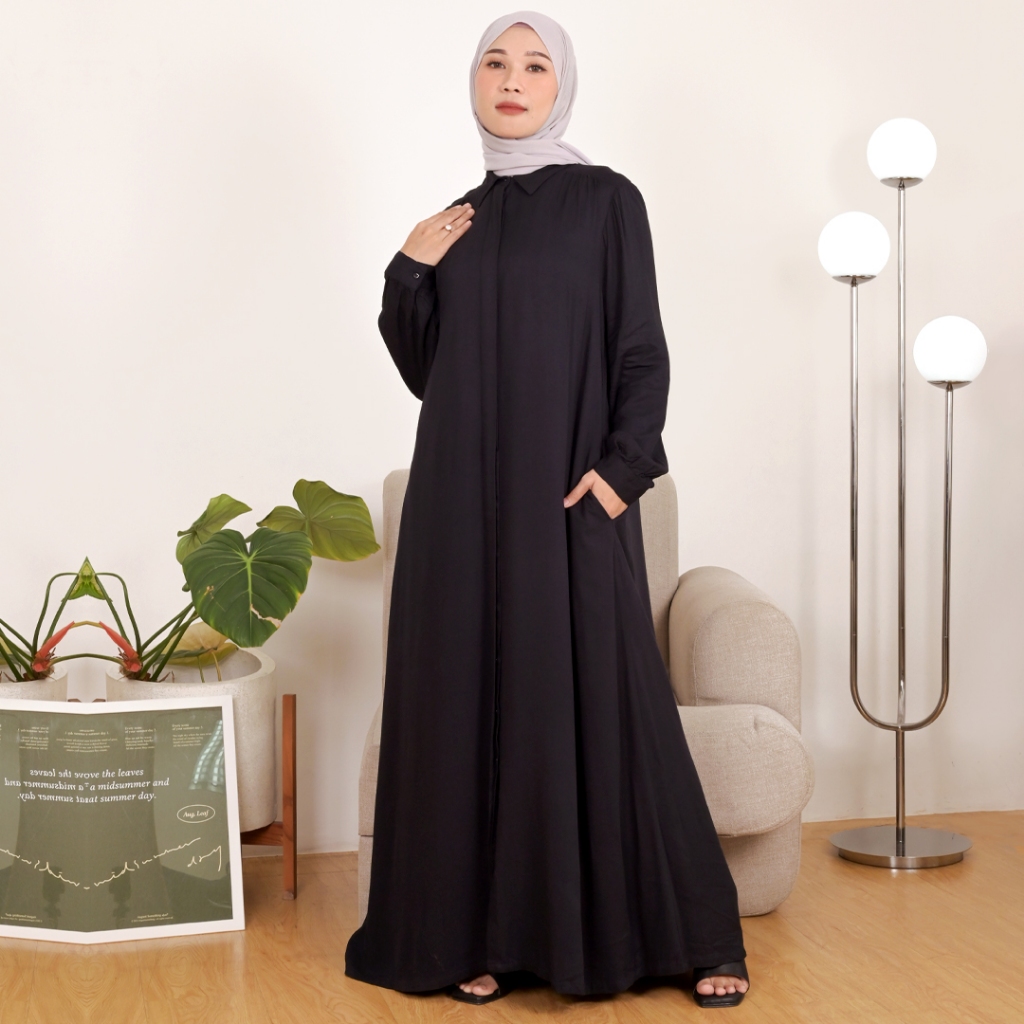 Novel Mice | Gamis Wanita Rayon Polos Black | Dress Wanita Lengan Panjang Motif Polos
