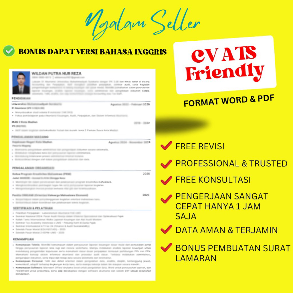 Jasa Buat CV ATS Friendly – Format HR & Perusahaan Besar - Bonus Bahasa Inggris & Surat Lamaran