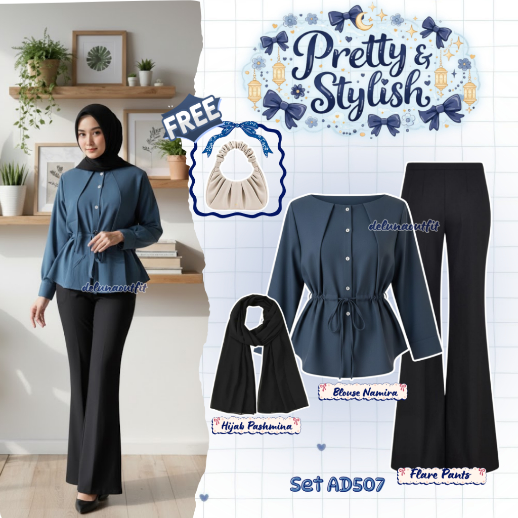 delunaoutfit - Baju Atasan Wanita Terbaru Blouse Korea 3In1 One Set Kekinian Hijab Pashmina Blouse N